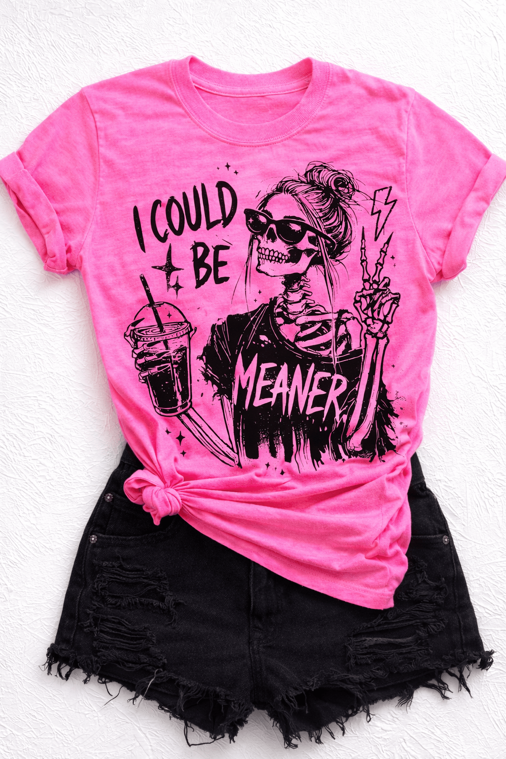 Plus/Reg Short Sleeve "I Could Be Meaner" Skeleton Graphic Tee - Freckled Poppy