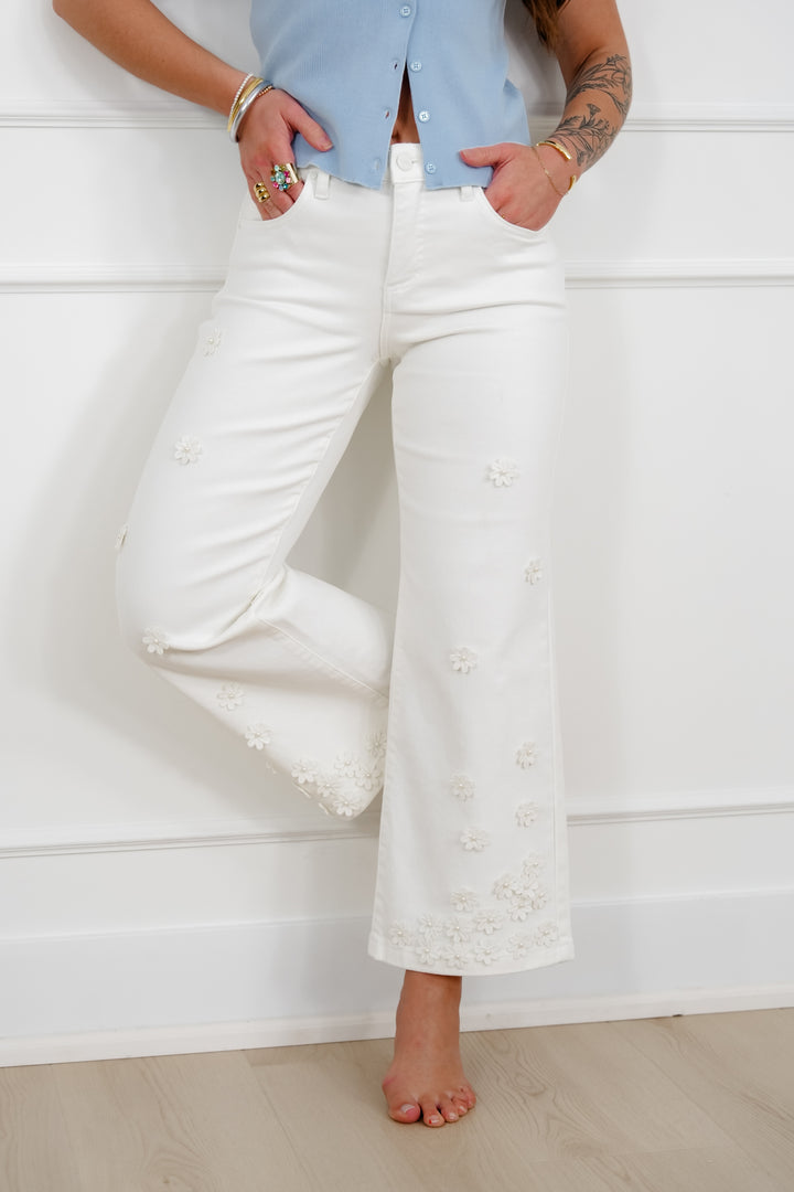 Risen Mid Rise Cream Tummy Control Wide Leg Jeans with Flowers - Freckled Poppy