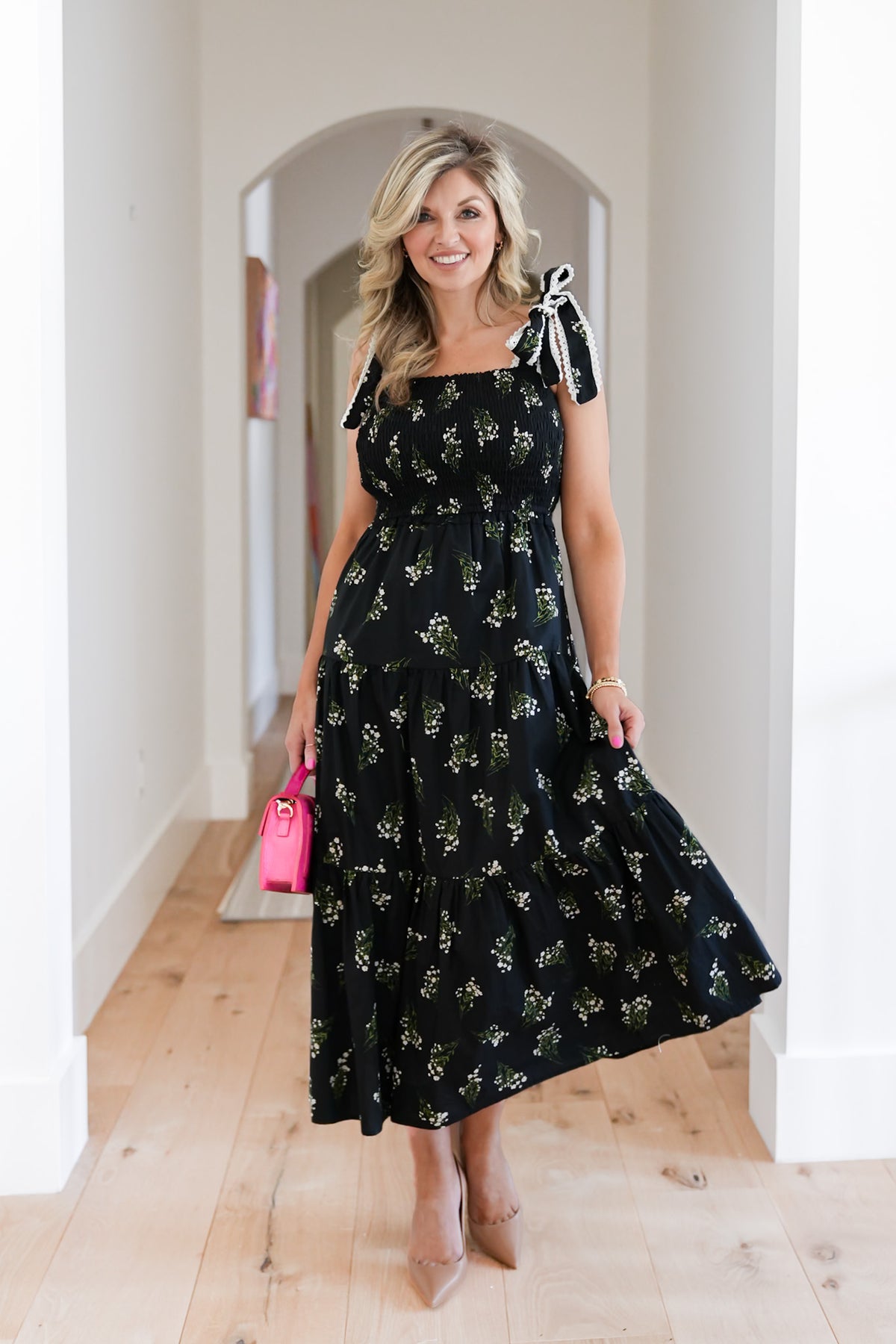 Floral Sleeveless Tie At The Shoulder Tiered Midi Dress - Freckled Poppy