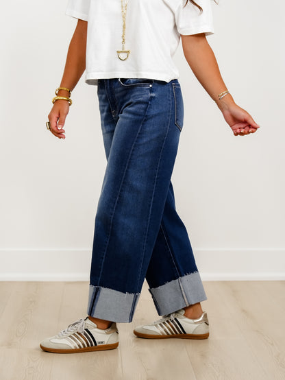 Risen High Rise Dark Wash Slouchy Cropped Cuffed Barrel Jeans - Freckled Poppy