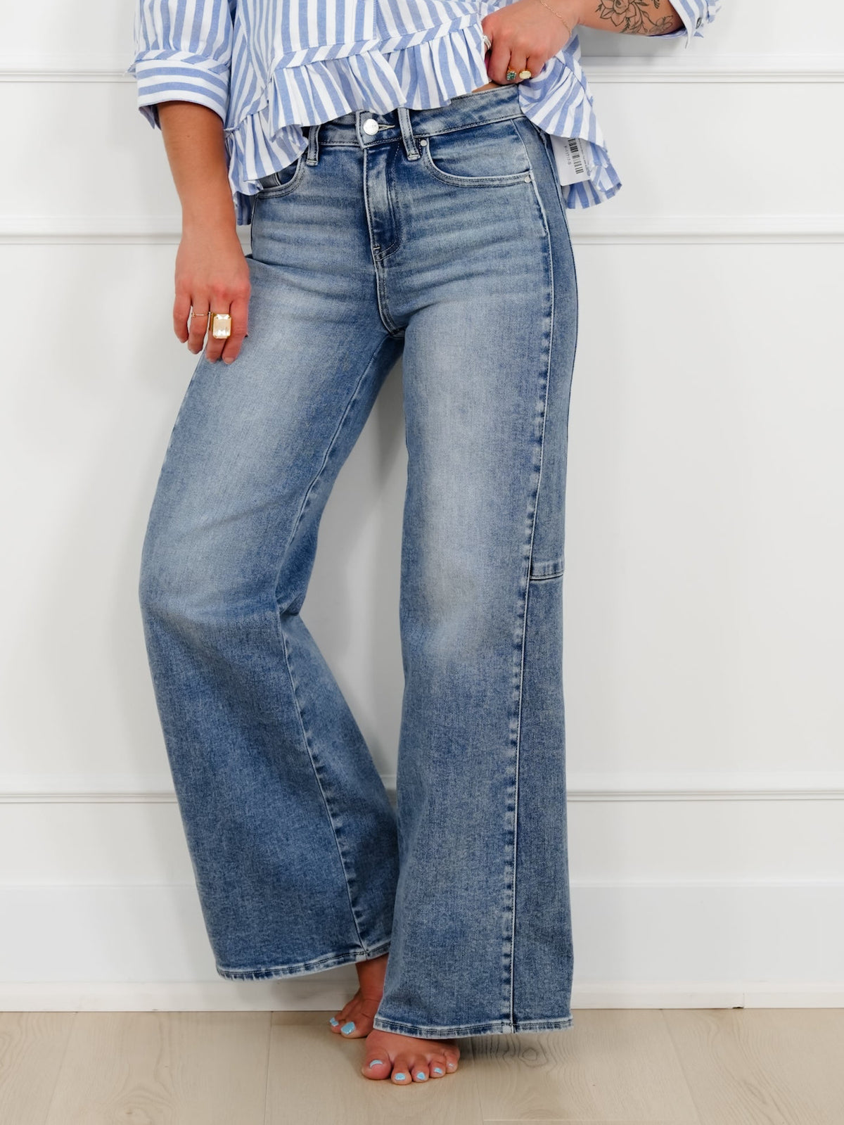 Risen High Rise Medium Wash Wide Leg Jeans with Contrast Side Panel - Freckled Poppy
