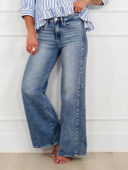 Risen High Rise Medium Wash Wide Leg Jeans with Contrast Side Panel - Freckled Poppy