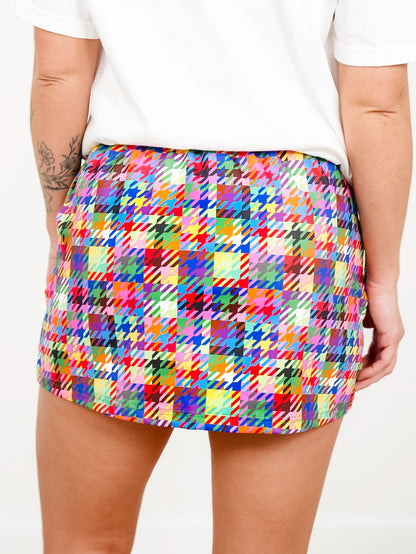 Plus/Reg Multi Color Houndstooth Print Elastic Waist Skort - Freckled Poppy