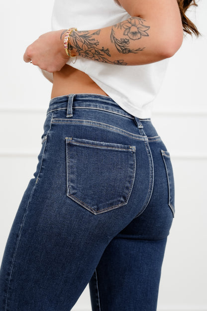 Risen High Rise Dark Wash Tummy Control Distressed Girlfriend Jeans - Freckled Poppy
