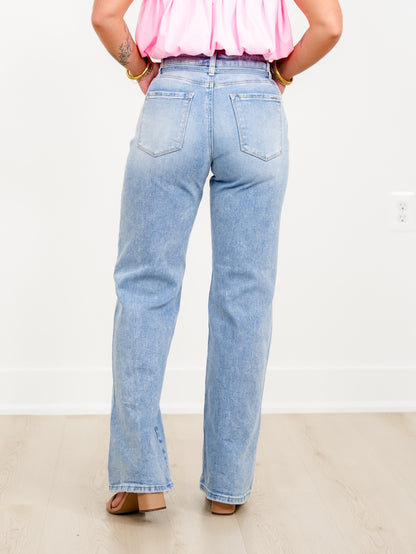 Risen High Rise Light Wash Wide Leg Jeans with Denim Tie Belt - Freckled Poppy