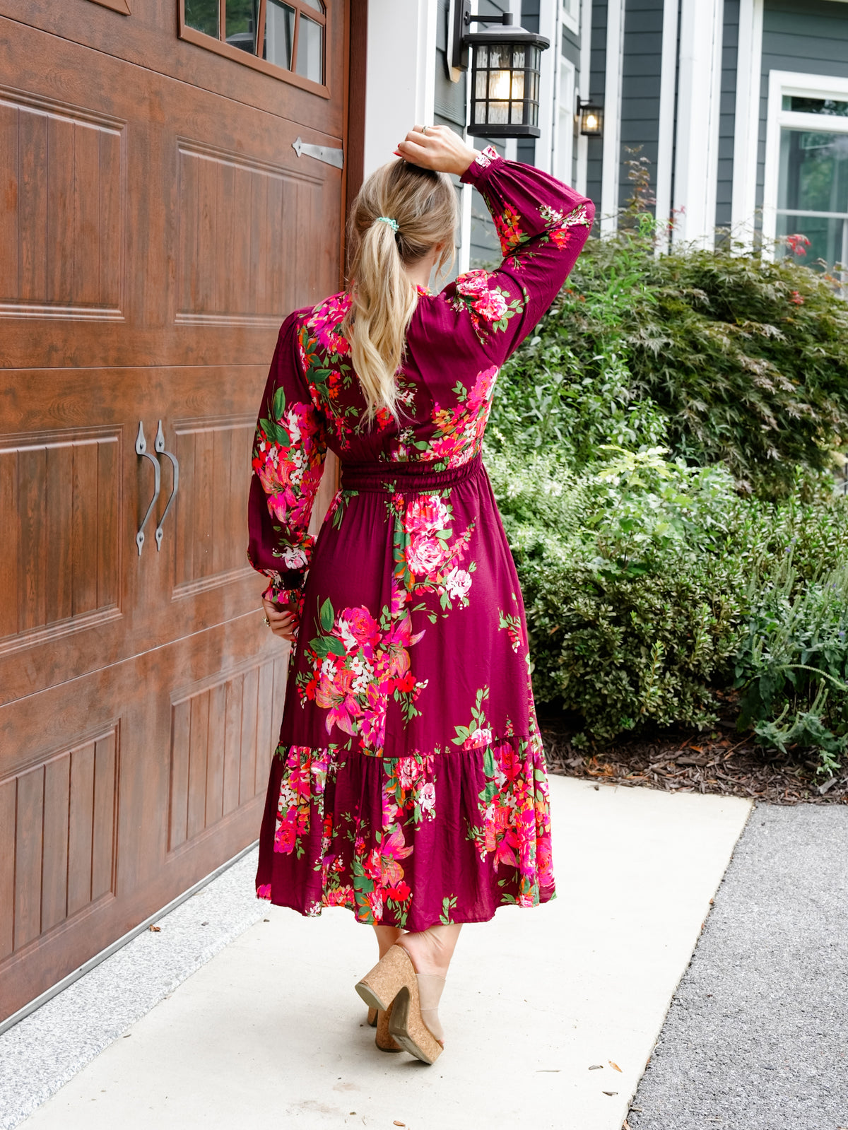 Plus/Reg Floral Print Long Sleeve Elastic Waist Midi Dress