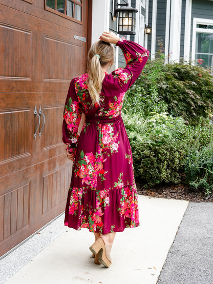 Plus/Reg Floral Print Long Sleeve Elastic Waist Midi Dress