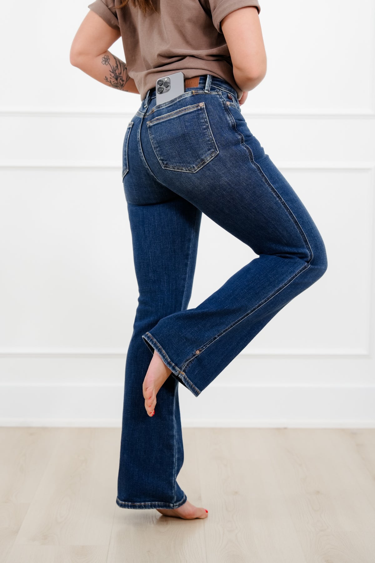 Judy Blue Mid Rise Dark Wash Bootcut Jeans with Slit and Cell Phone Pocket - Freckled Poppy