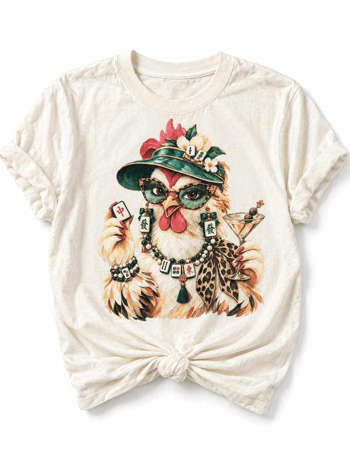 Plus/Reg Short Sleeve Mahjong Chicken Graphic Tee - Freckled Poppy