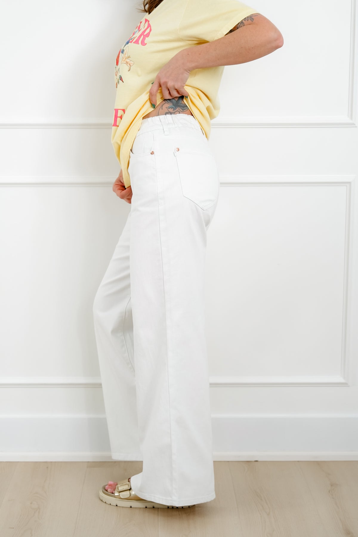 Judy Blue The Sunday Stroll High Rise Multiple Inseam White Featherweight Palazzo Jeans with Elastic Waistband - Freckled Poppy