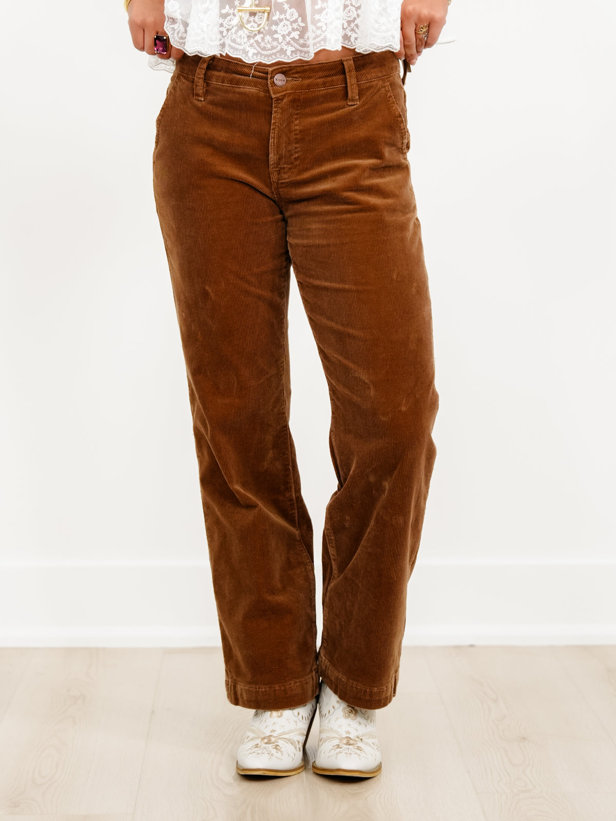 Risen Mid Rise Brown Tummy Control Straight Leg Corduroy Pants - Freckled Poppy