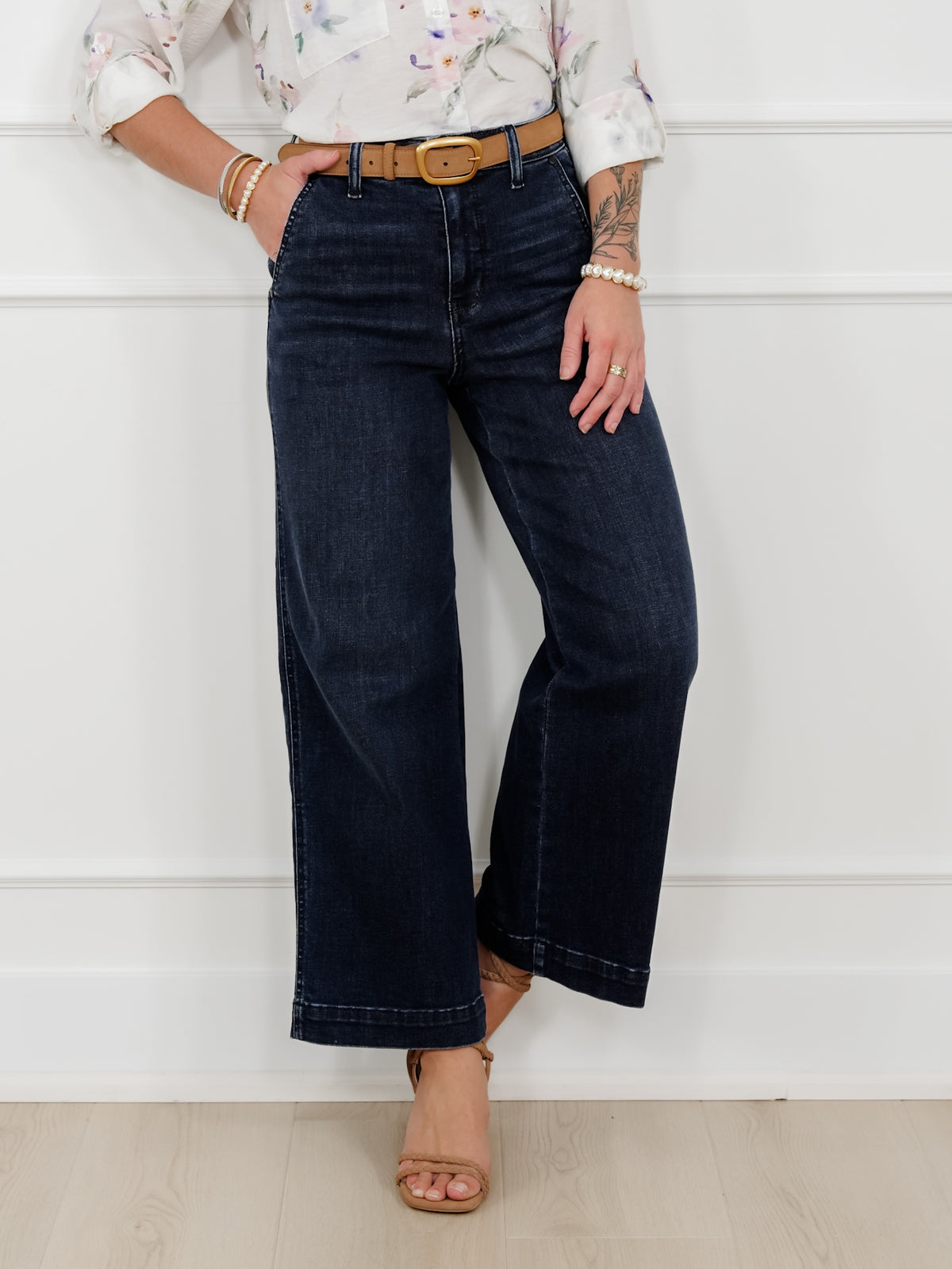 Judy Blue the Jasmine High Rise Dark Wash Wide Leg Ankle Trouser Jeans - Freckled Poppy