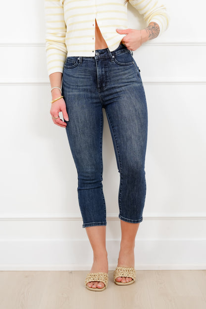 Judy Blue High Rise Dark Wash Tummy Control Capri Jeans with Shield Back Pockets - Freckled Poppy