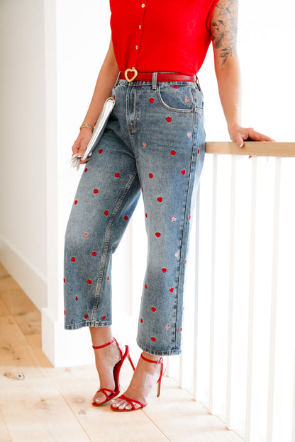 Medium Washed High Rise Embroidered Hearts Jeans - Freckled Poppy