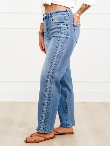 Risen High Rise Medium Wash Barrel Jeans with Embroidered Side Accents - Freckled Poppy
