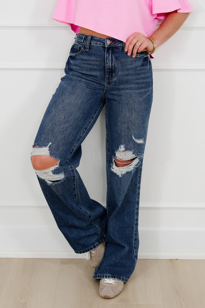 Judy Blue High Rise Medium Wash Rigid Magic Distressed Straight Leg Jeans with Adjustable Waist Band Tabs - Freckled Poppy