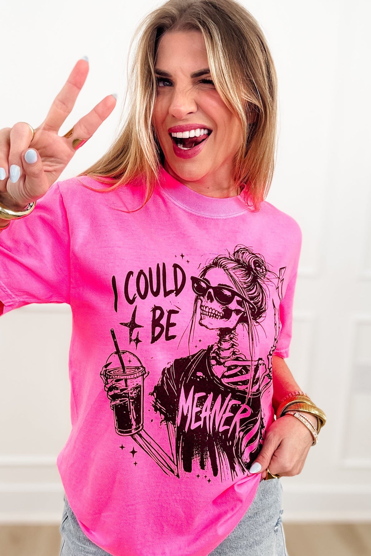 Plus/Reg Short Sleeve "I Could Be Meaner" Skeleton Graphic Tee - Freckled Poppy