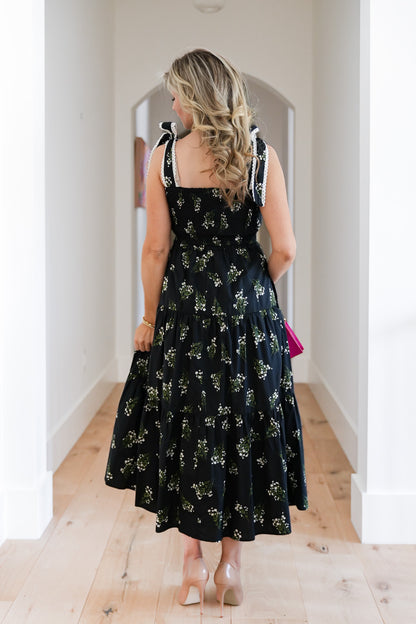 Floral Sleeveless Tie At The Shoulder Tiered Midi Dress - Freckled Poppy