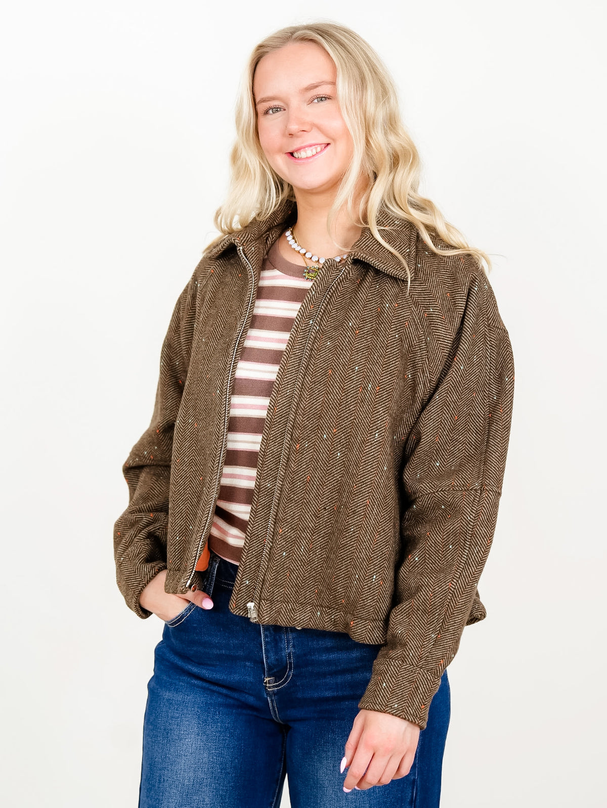Plus/Reg Herringbone Tweed Zip Up Bomber Jacket - Freckled Poppy
