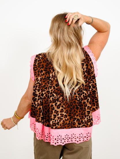 Leopard Print Sleeveless Button Down Top with Pink Eyelet Trim - Freckled Poppy