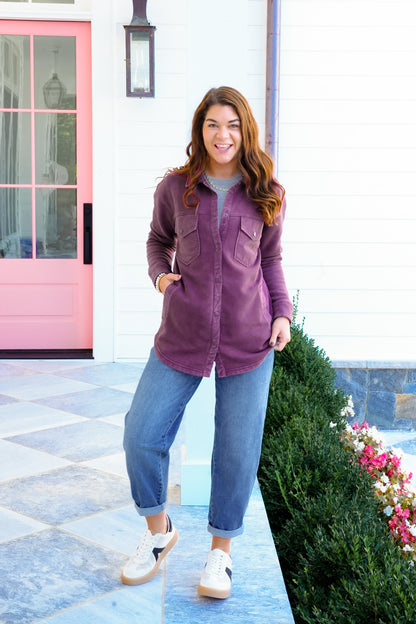 Long Sleeve Snap Button Shacket with Pockets - Freckled Poppy