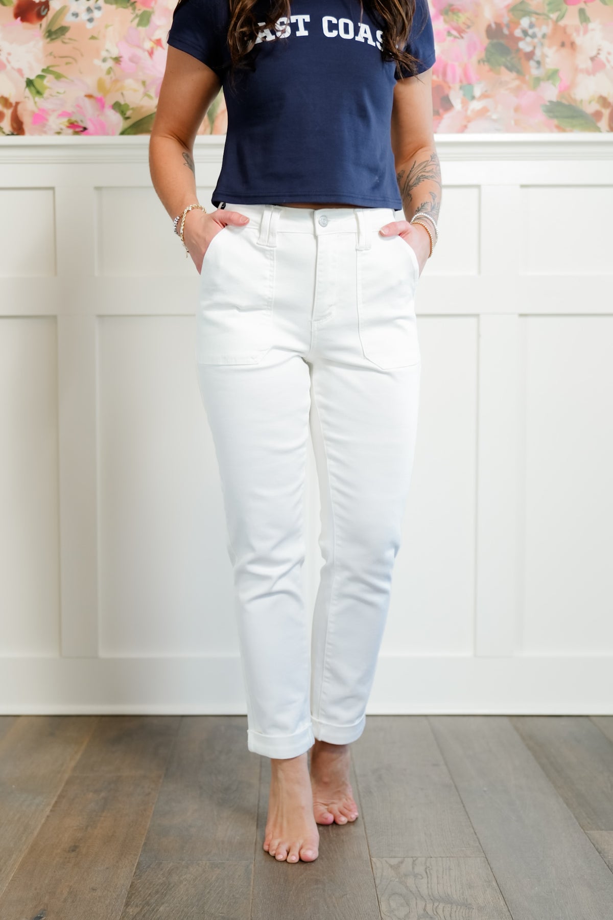 Judy Blue High Rise White Aurora Weekender Jean - Freckled Poppy
