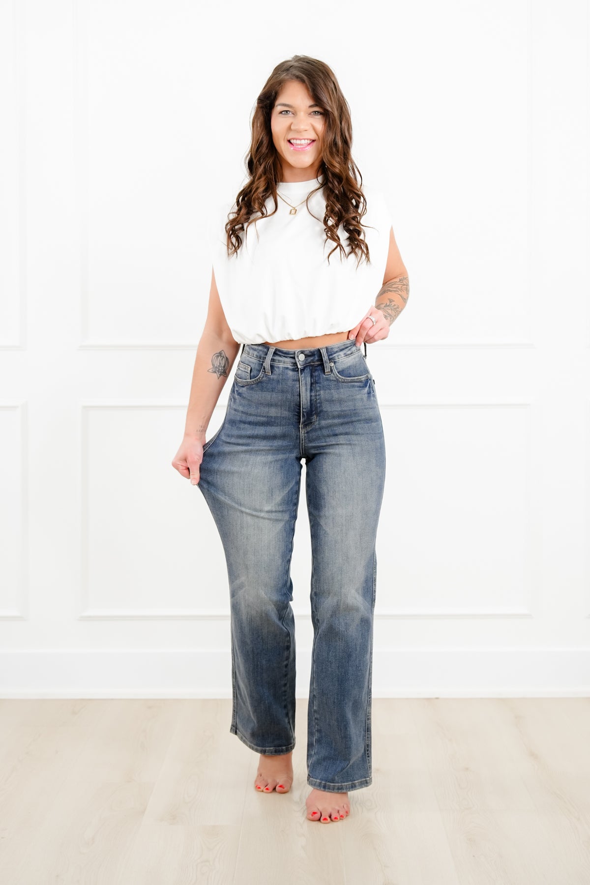 Judy Blue Keeping it Straight High Rise Medium Wash Tummy Control Straight Leg Jeans - Freckled Poppy