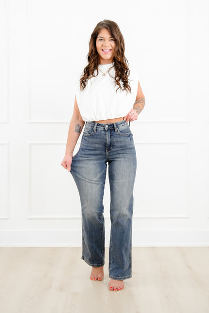 Judy Blue Keeping it Straight High Rise Medium Wash Tummy Control Straight Leg Jeans - Freckled Poppy
