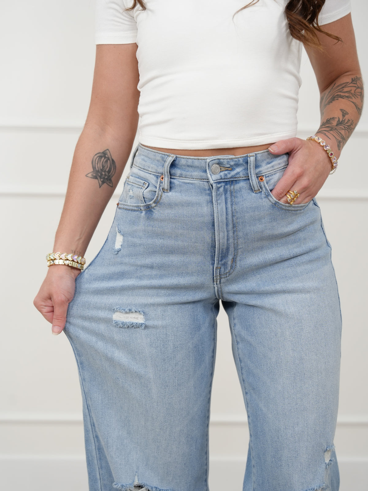 Cello High Rise Light Wash Distressed Wide Leg Jeans - Freckled Poppy