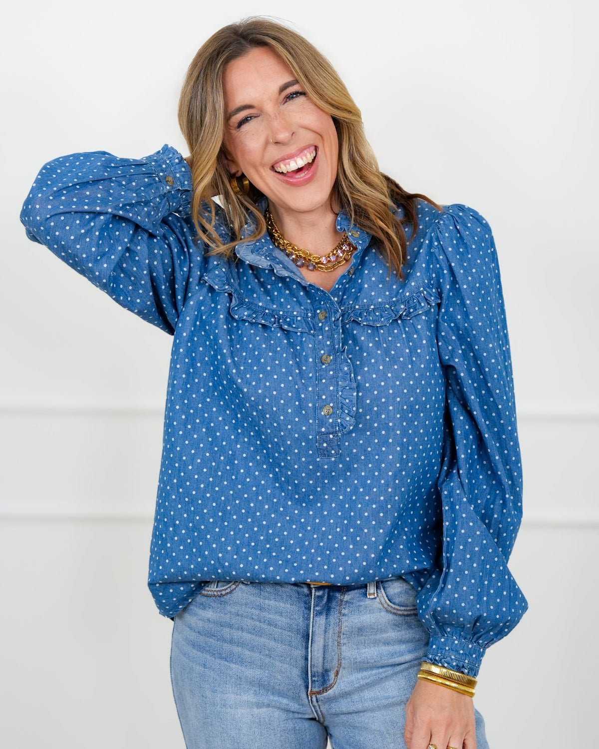 Polka Dot Dark Wash Long Sleeve Top - Freckled Poppy
