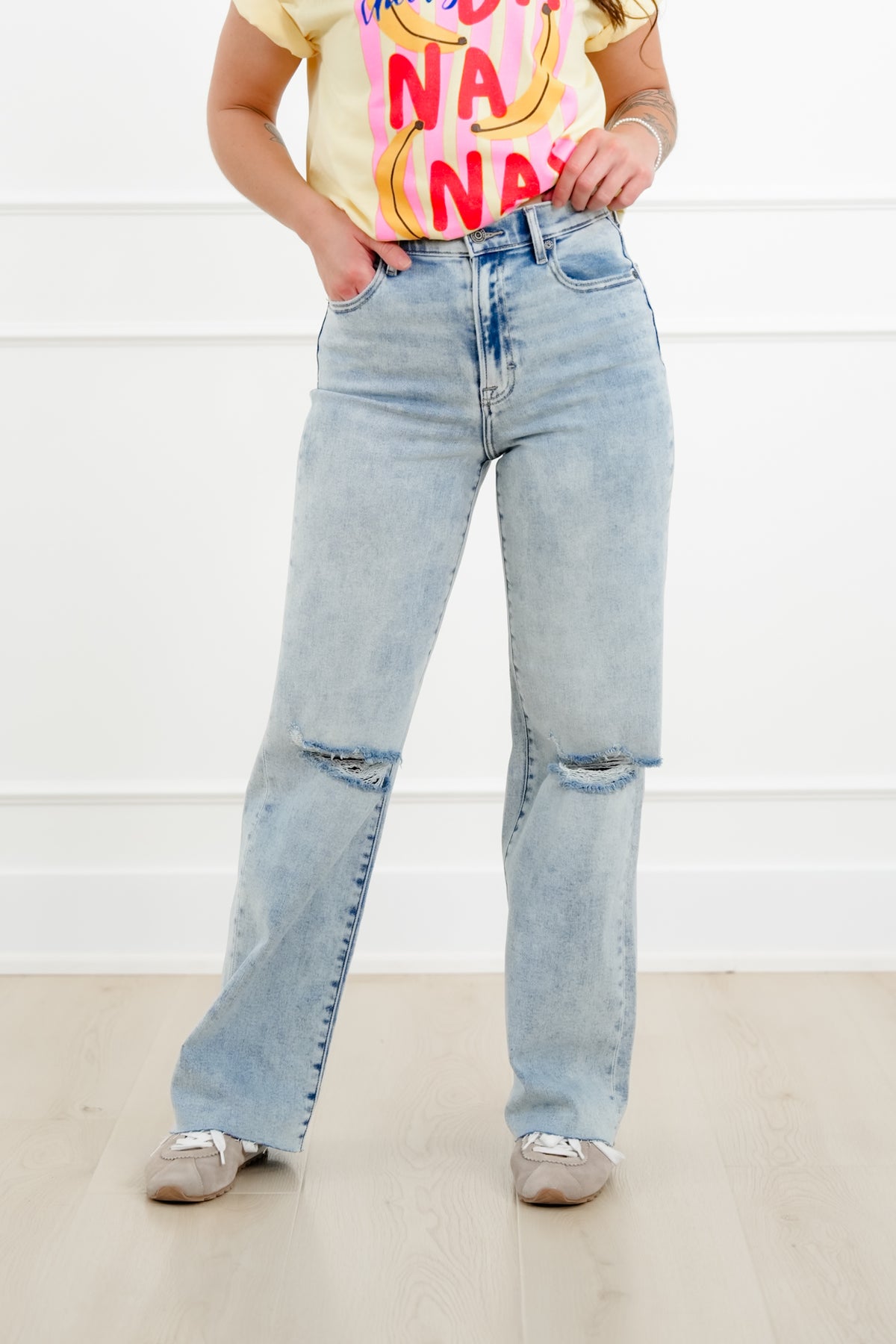 Hidden High Rise Light Wash Distressed Dad Jeans - Freckled Poppy