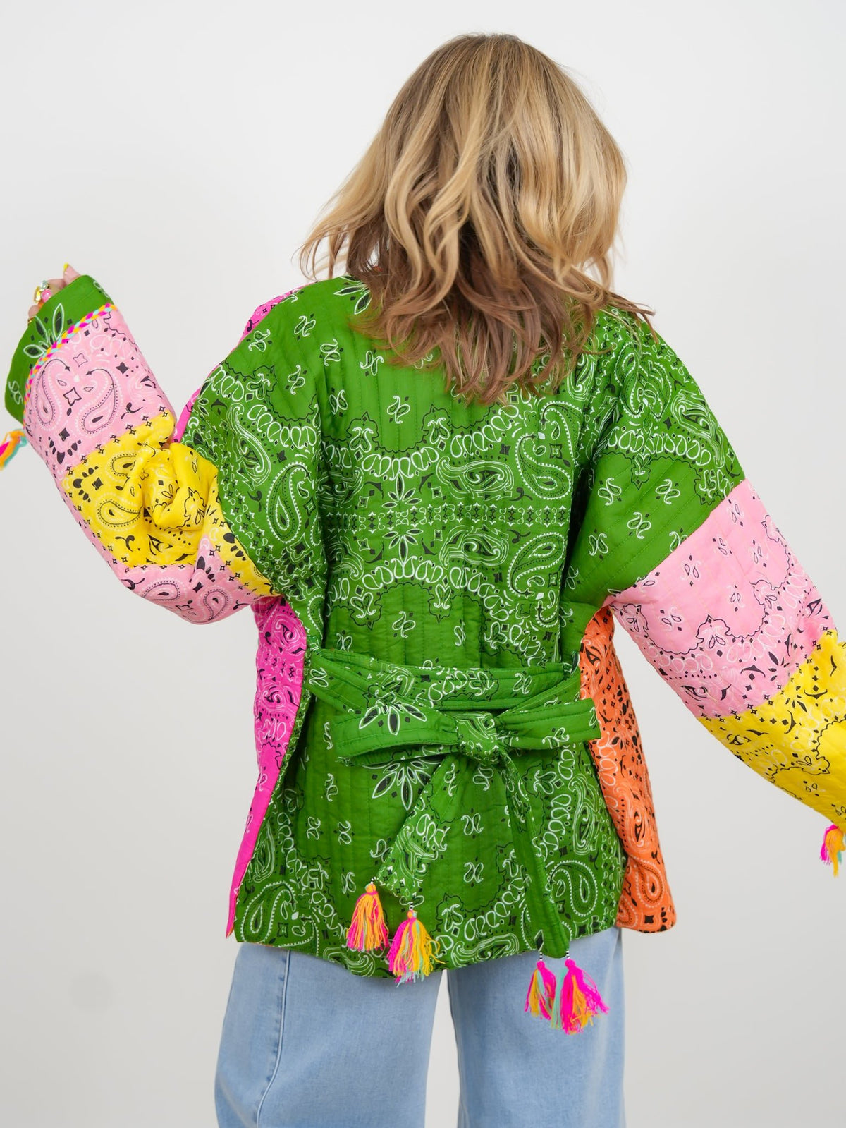 POL Quilted Patchwork Print Long Sleeve Kimono Jacket - Freckled Poppy