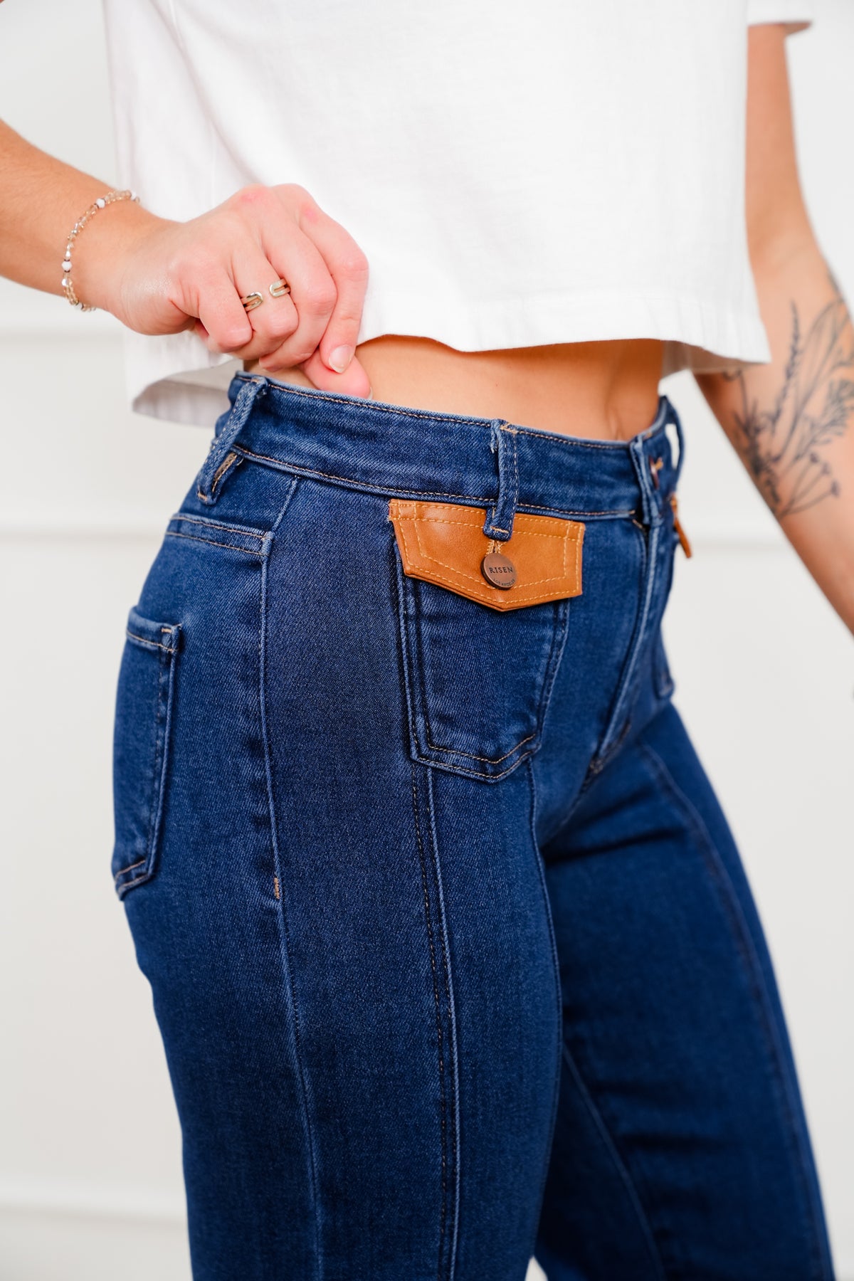 Risen High Rise Dark Wash Wide Flare Jeans with Leather Pocket Flap - Freckled Poppy
