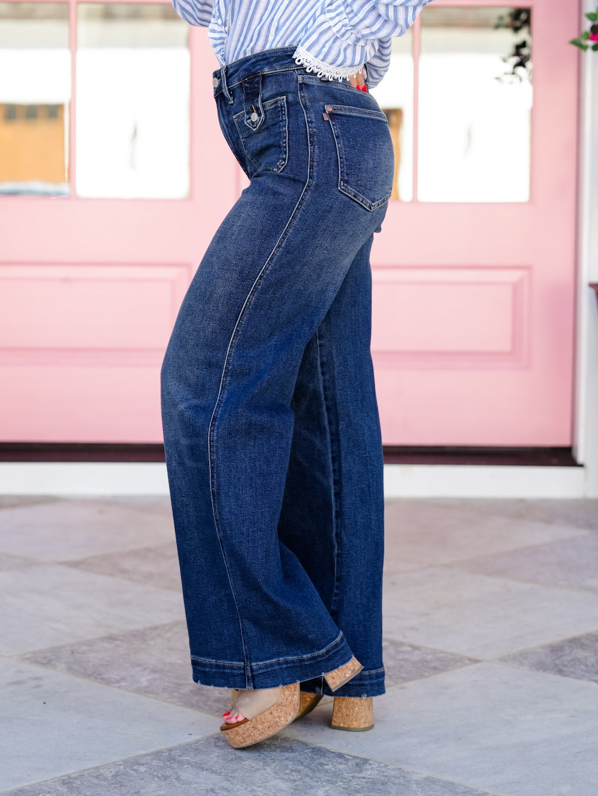 Judy Blue High Rise Dark Wash Retro Wide Leg Jeans With Tab Closure Front Pockets - Freckled Poppy