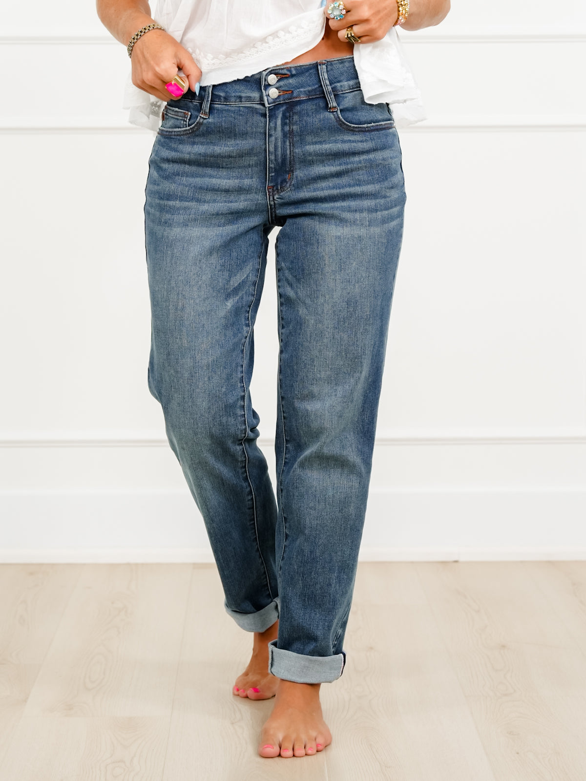 Judy Blue Summer Breeze Mid Rise Medium Wash Cool Denim Boyfriend Jeans - Freckled Poppy