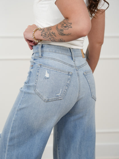 Cello High Rise Light Wash Distressed Wide Leg Jeans - Freckled Poppy