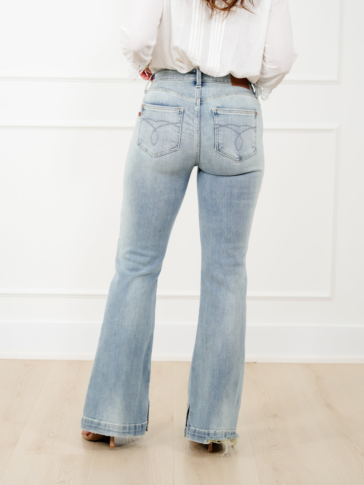 Judy Blue Mid Rise Medium Wash Multiple Inseam Flare Jeans with Slit - Freckled Poppy
