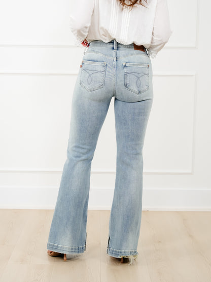 Judy Blue Mid Rise Medium Wash Multiple Inseam Flare Jeans with Slit - Freckled Poppy