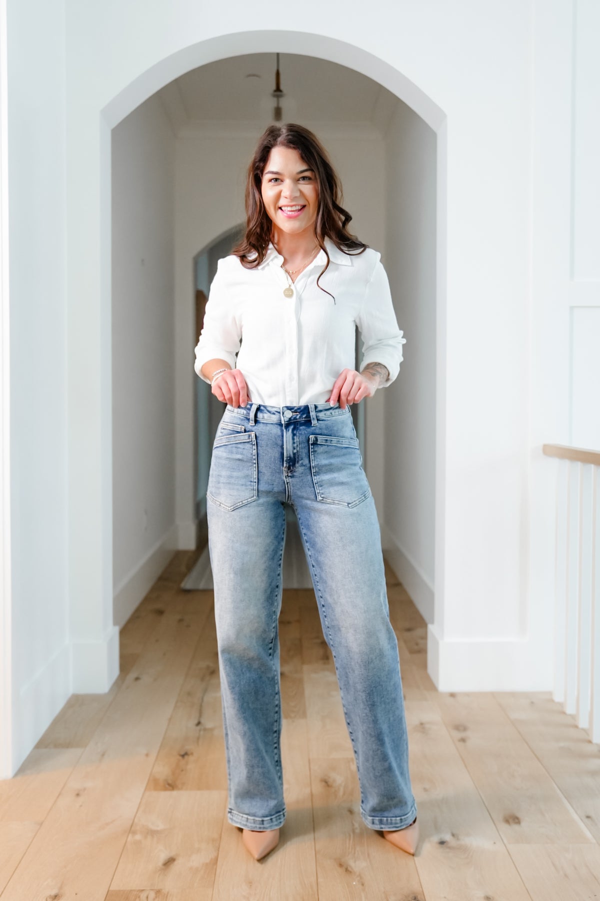Risen Mid Rise Medium Wash Relaxed Fit Baggy Jeans with Patch Pockets - Freckled Poppy