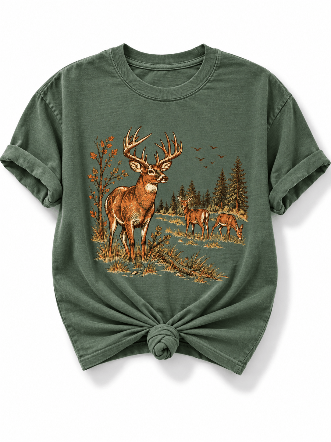 Plus/Reg Short Sleeve "Deer in a Meadow" Hunting Graphic Tee - Freckled Poppy