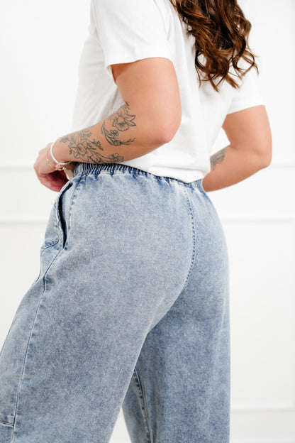 Risen Mid Rise Light Wash Elastic Waistband Barrel Jeans with Front Seam - Freckled Poppy
