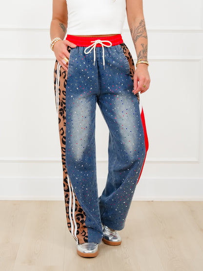 Plus/Reg Rhinestone Elastic Waist Denim Track Pants - Freckled Poppy