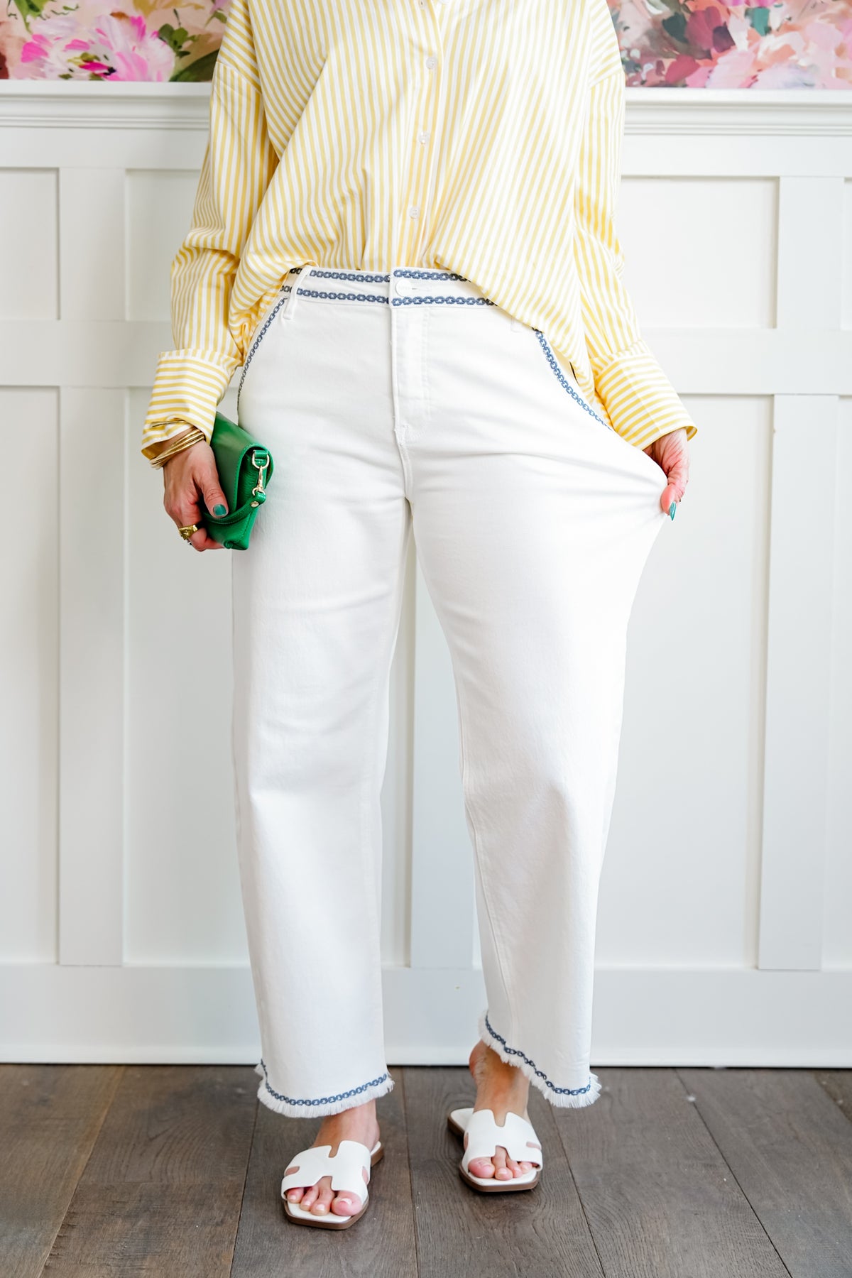 Risen High Rise Cream Tummy Control Embroidered Barrel Jeans - Freckled Poppy