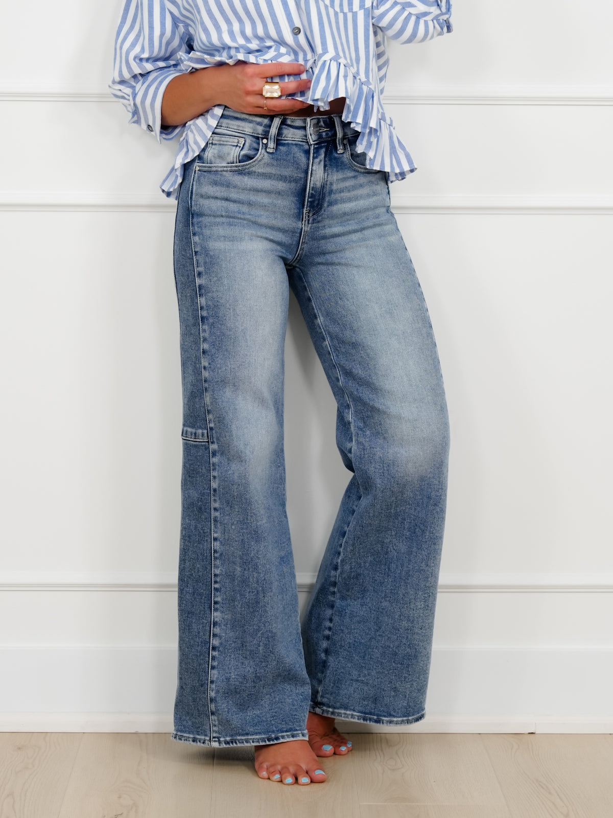 Risen High Rise Medium Wash Wide Leg Jeans with Contrast Side Panel - Freckled Poppy
