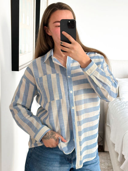 Striped Long Sleeve Button Down Collared Top - Freckled Poppy