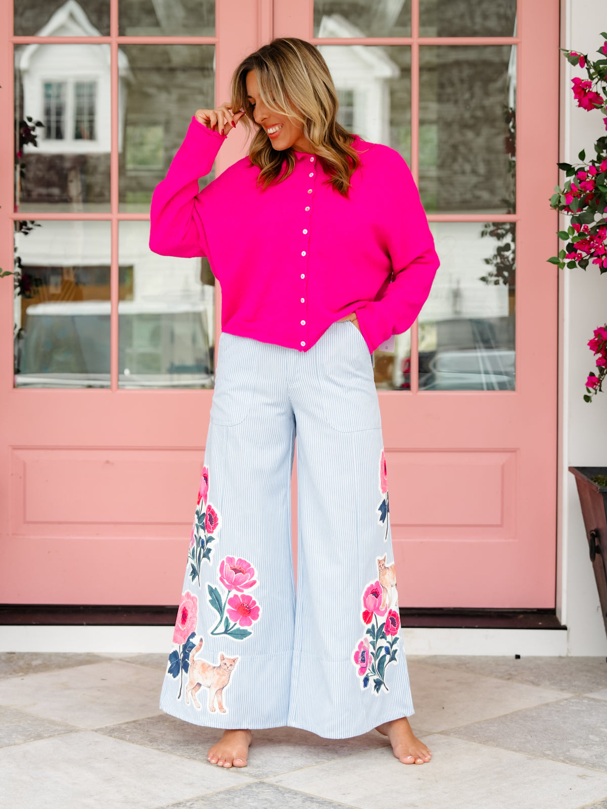 Plus/Reg Stripe High Waist Wide Leg Pants with Floral Cat Detail - Freckled Poppy
