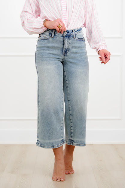 Judy Blue Mid Rise Medium Wash Cropped Wide Leg Jeans - Freckled Poppy