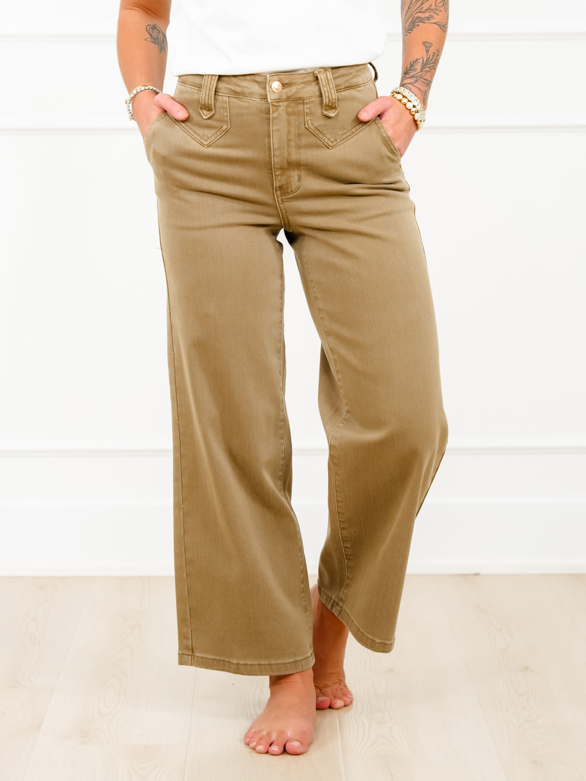 Judy Blue High Rise Yoke Front Brown Wide Leg Ankle Jeans - Freckled Poppy