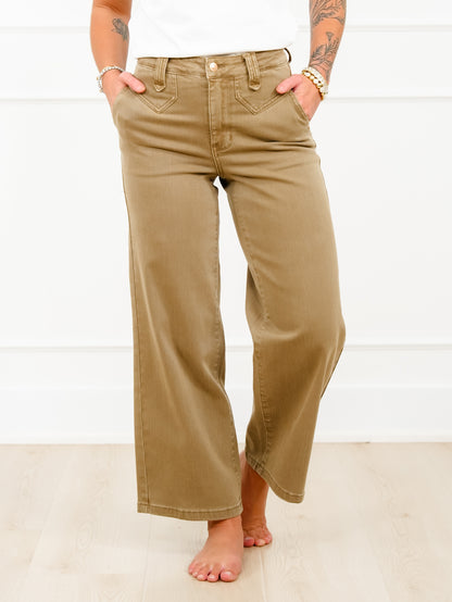 Judy Blue High Rise Yoke Front Brown Wide Leg Ankle Jeans - Freckled Poppy