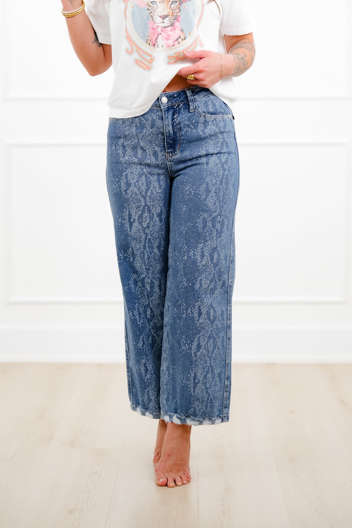 Judy Blue High Rise Snake Print Wide Leg Ankle Jeans - Freckled Poppy